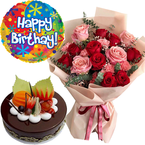 Buy 6 Red & 6 Pink Roses Bouquet, Chocolate Cake & Happy Birthday Balloon  in Vietnam