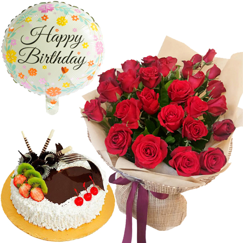 Buy 12 Red Color Roses Bouquet, Chocolate Fruits Cake & Birthday Balloon in  Vietnam