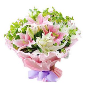 5 white lilies 4 pink lilies with green stuff send to vietnam