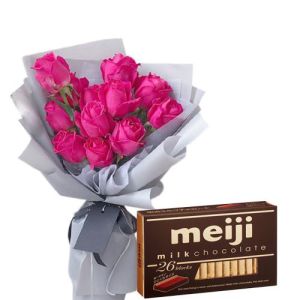 send 12 rose bouquet with meiji chocolate to vietnam