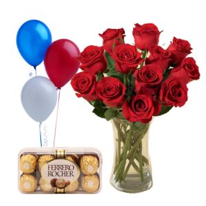 send roses vase balloon with Ferrero rocher to vietnam