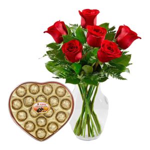 send 6 red rose vase and gillia chocolate to vietnam