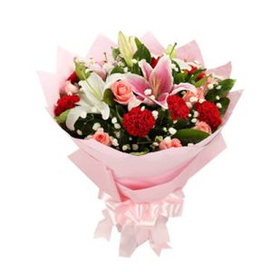 one dozen pink carnations with roses and lilies send to vietnam