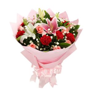 pink roses pink carnations with white and pink lilies send to vietnam