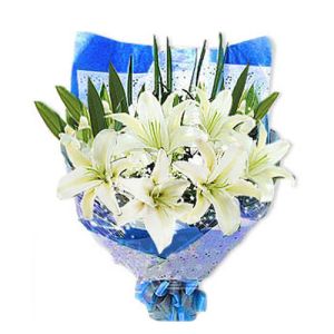six white lilies with baby's breath send to vietnam