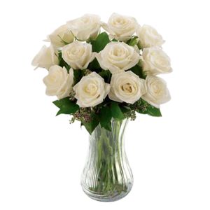 one dozen white roses in glass vase to vietnam