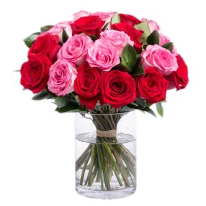red and pink roses in glass vase to vietnam