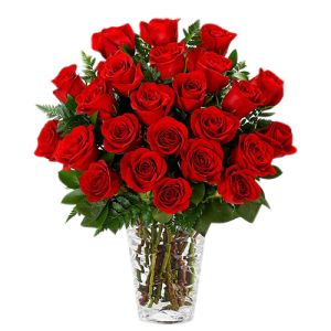 two dozen red roses in glass vase to vietnam