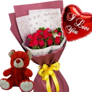 send 12 red roses bouquet,red bear with i love u balloon to vietnam