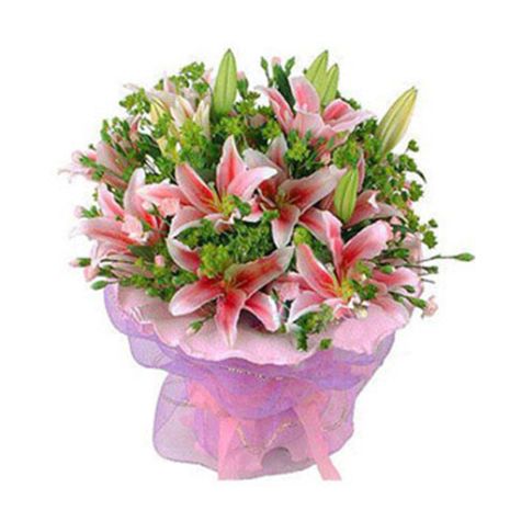 9 pink lilies with green leaves send to vietnam