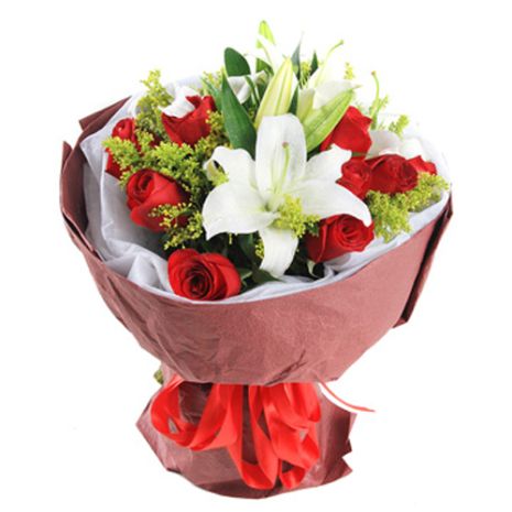one dozen red roses with white lilies send to vietnam