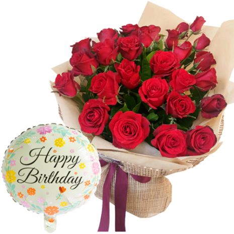 Buy 12 Red Roses Bouquet with Happy Birthday Balloon in Vietnam