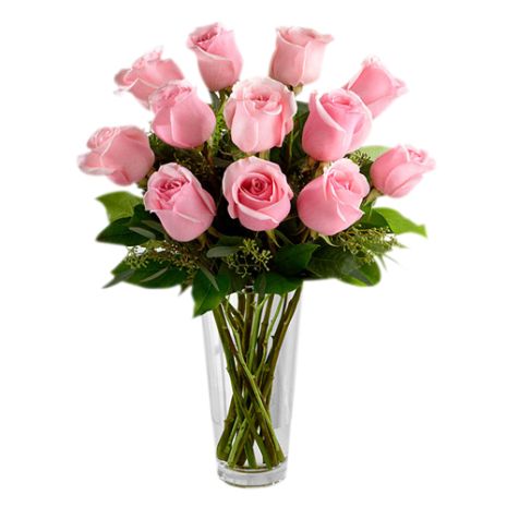 one dozen pink roses in glass vase to vietnam