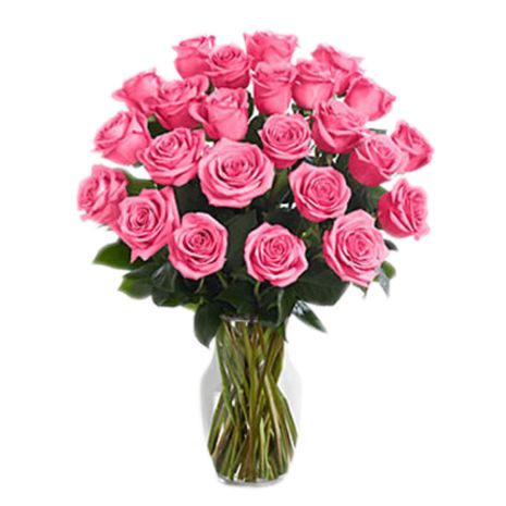 two dozen pink roses in glass vase to vietnam
